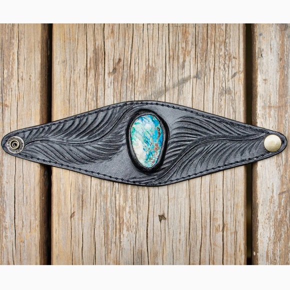 BUFFALO GIRL BLACK MANDALA LEATHER CUFF BRACELET WITH AUSTRALIAN CHRYSOCOLLA - Picture 2 of 8